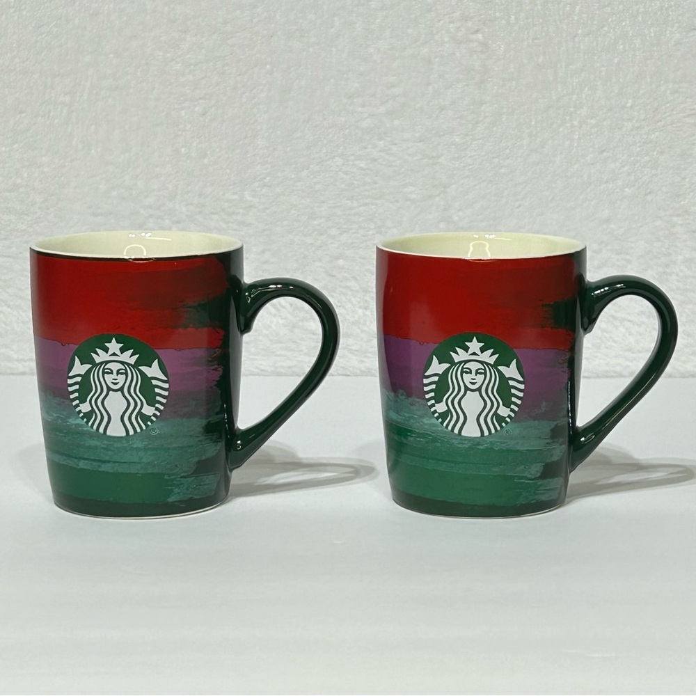 Starbucks 2021 Holiday Coffee Cup Mug Red Green Purple Blue 10 oz. Set of 2.